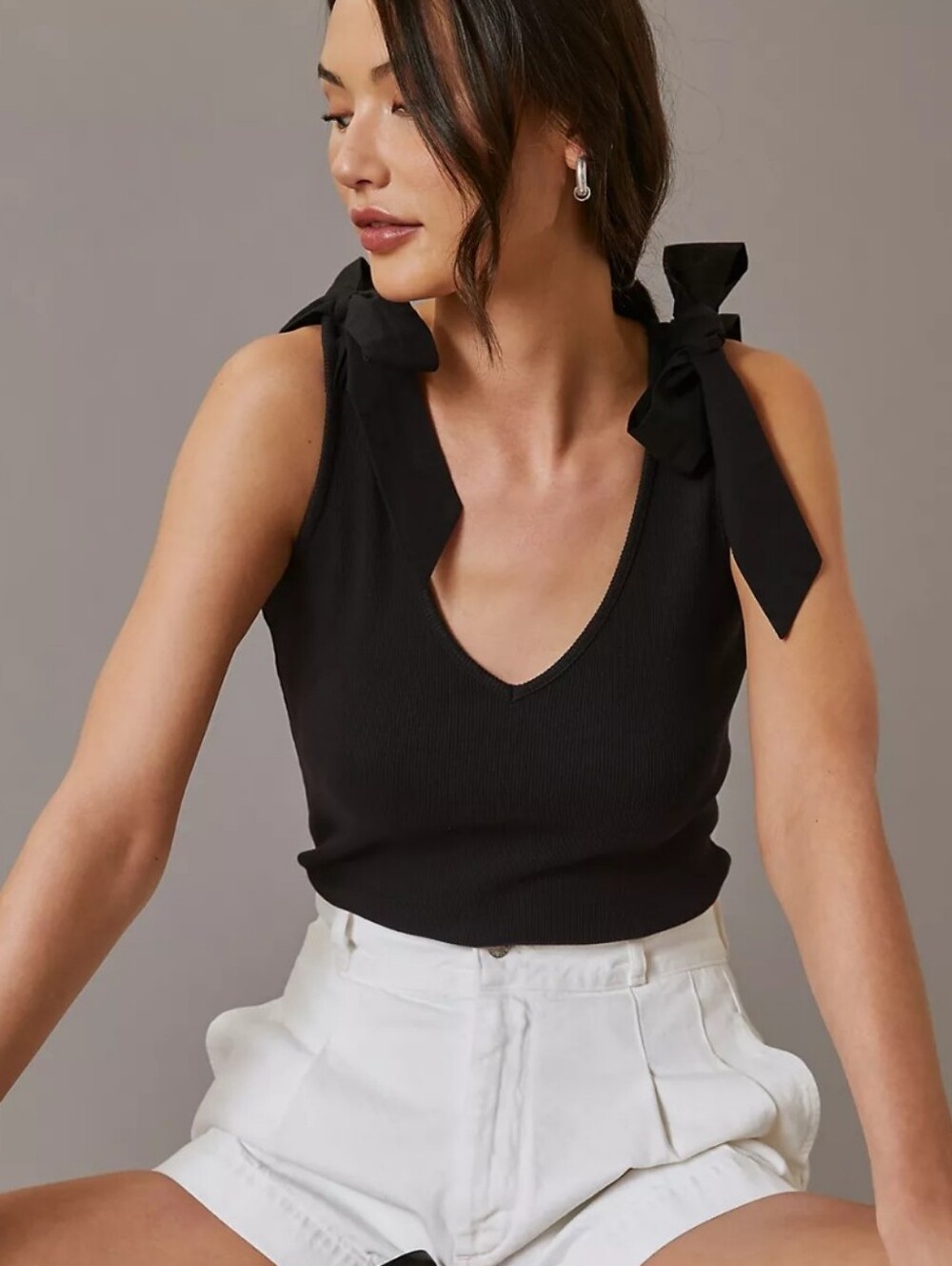 Anthropologie Maeve black Rafaela bow-tie shoulder ribbed tank